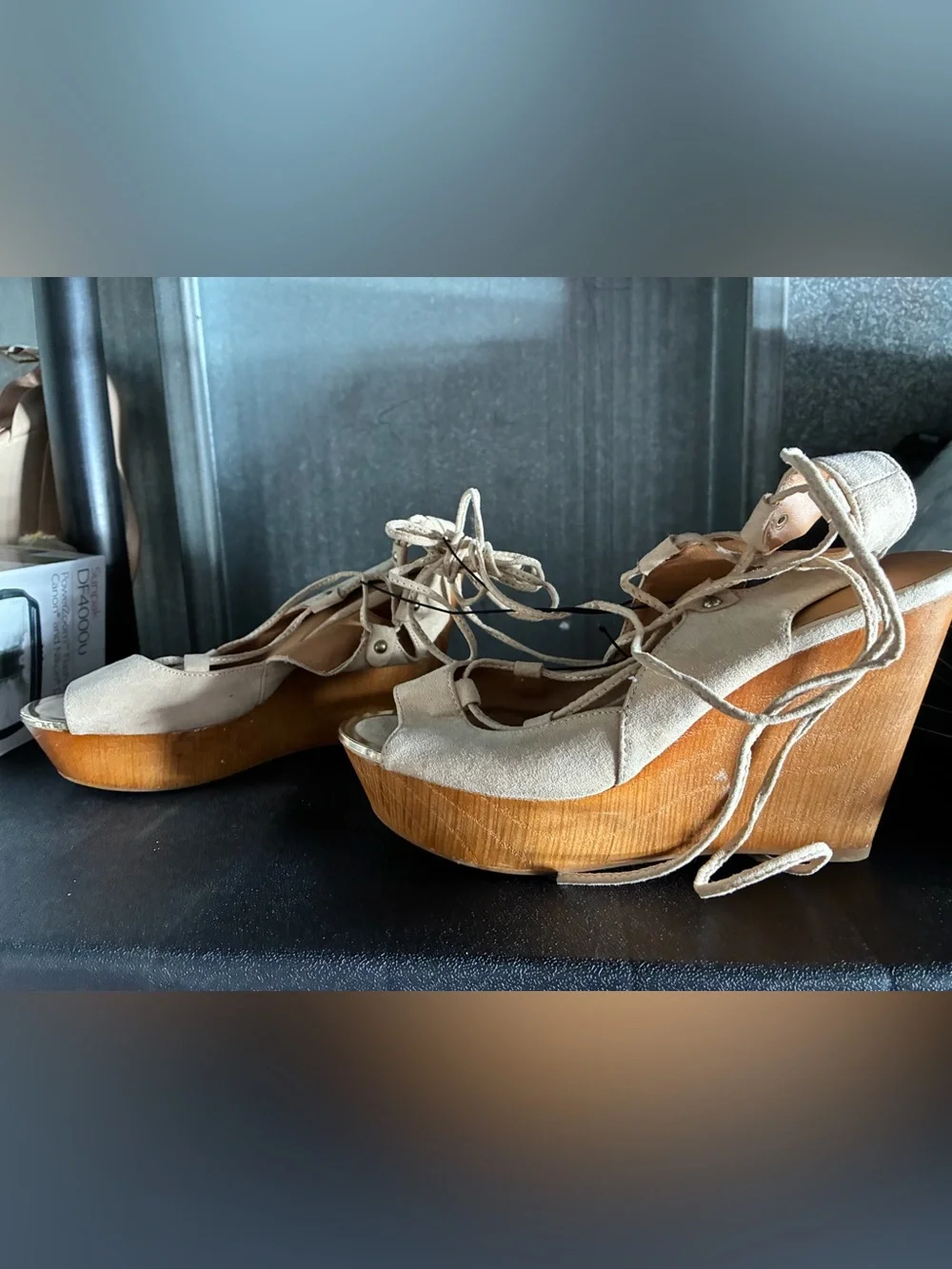 Suede Lace-Up Open-Toe Sandals in Beige